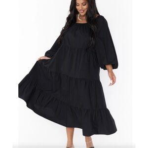 Show Me Your Mumu Day or Night Midi Dress Black Tiered Poplin Medium Oversized
